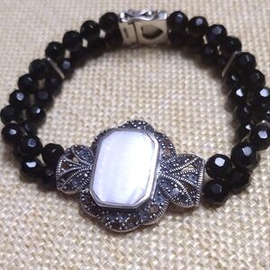MARCHASITE  MOTHER OF PEARL OBSIDIAN DOUBLE BEADED BLACK BRACELET